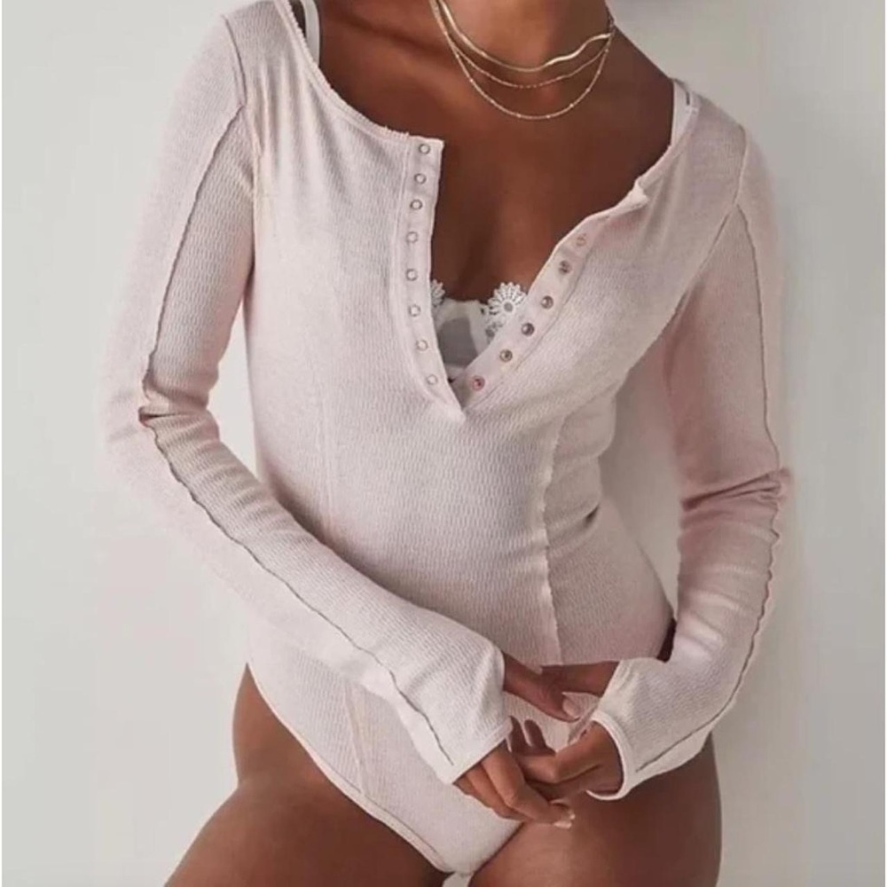 Free People Sloane Body Suit Long Sleeve Light Pink XS